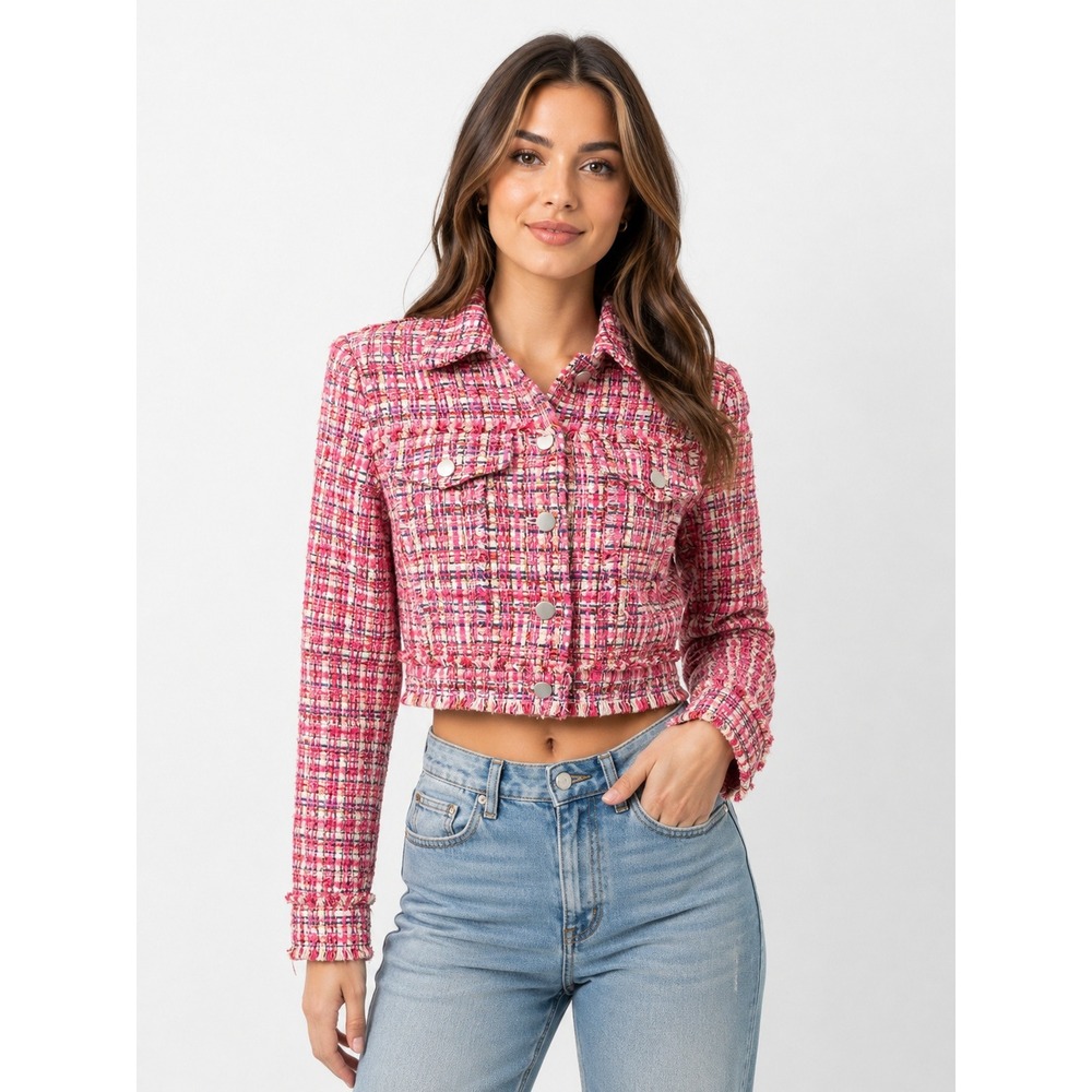 House of Harlow 1960 Tweed Jacket Womens XS Pink Cropped Boucle Frayed Trim